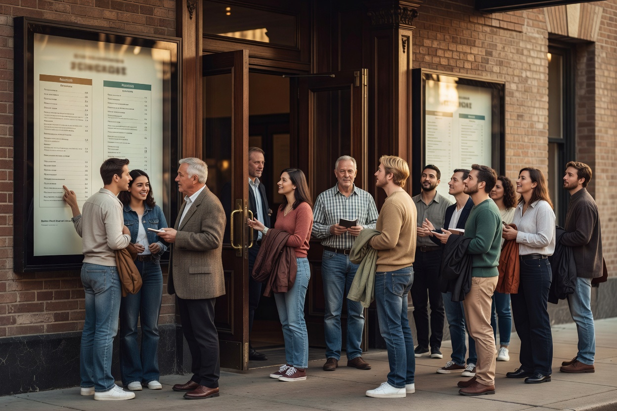 Cinema visitors looking at programme information outside an entrance in afternoon light