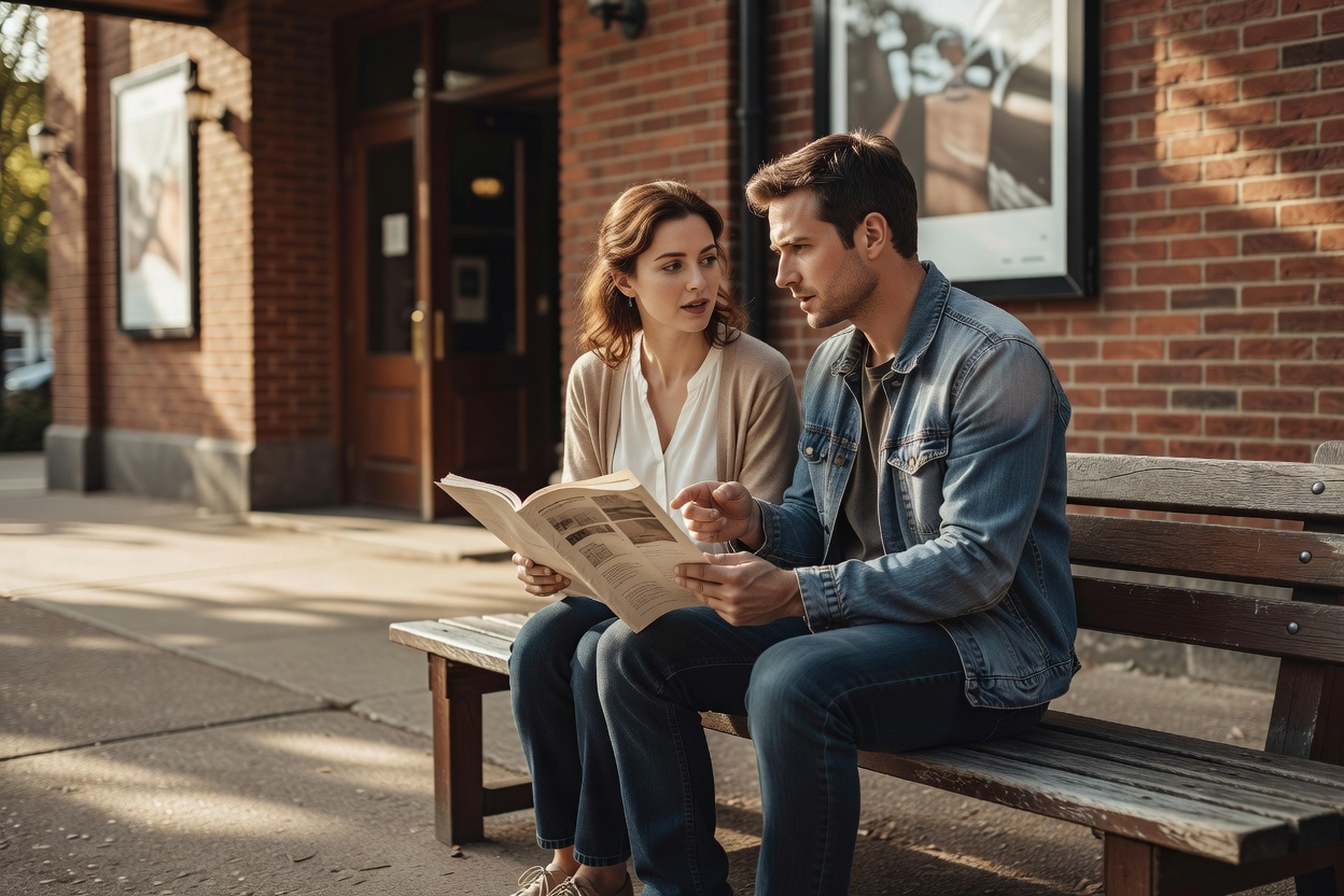 Two cinema visitors discussing programme notes outdoors in daylight