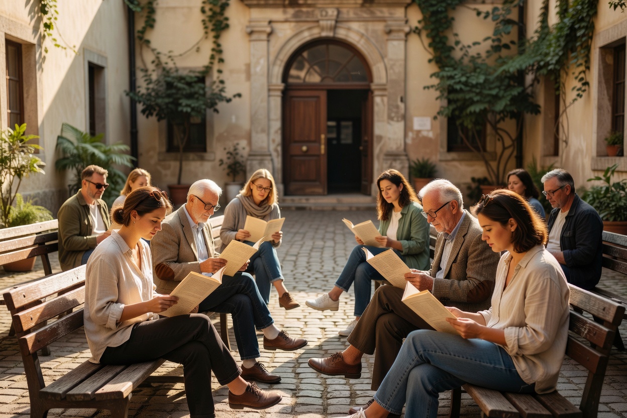 Film programme reading in a cinema courtyard lit by natural daylight