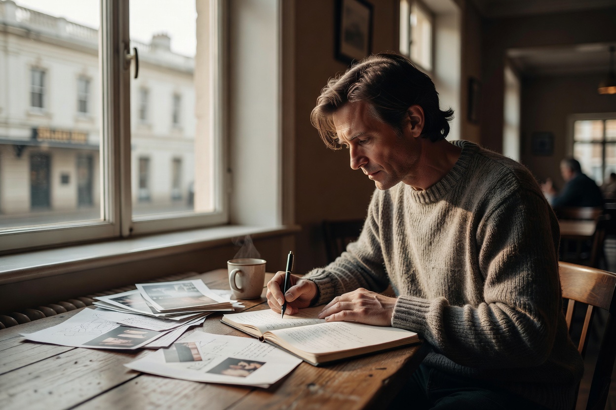 A cinema visitor preparing programme notes at a table near a daylight window