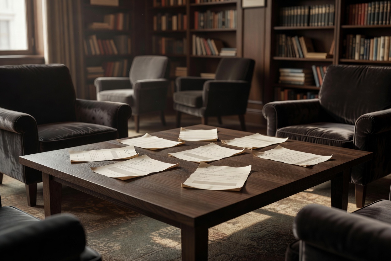 A naturally lit cinema reading space with film programme notes on a table