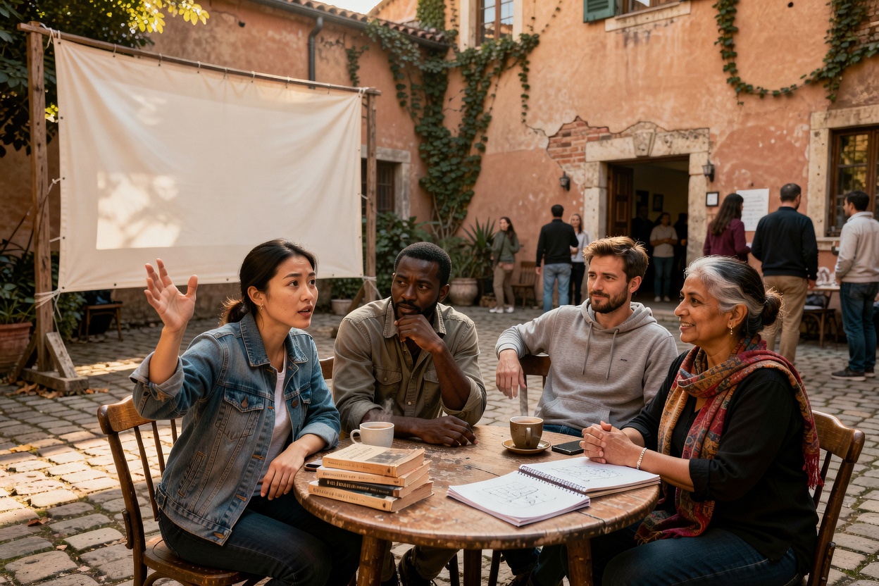 A small group discussing a film in a daylight cinema courtyard
