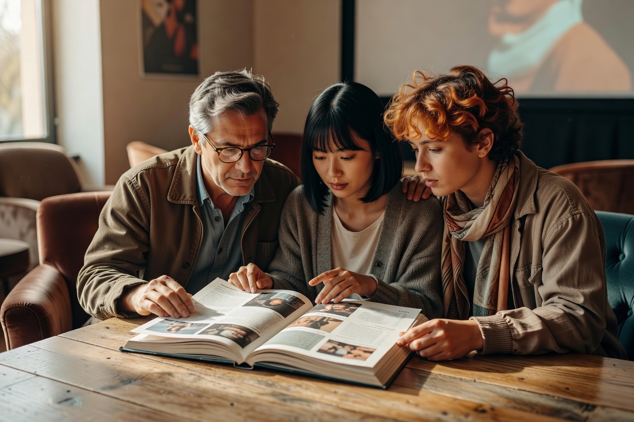 Readers sharing a cinema programme at a table in natural light