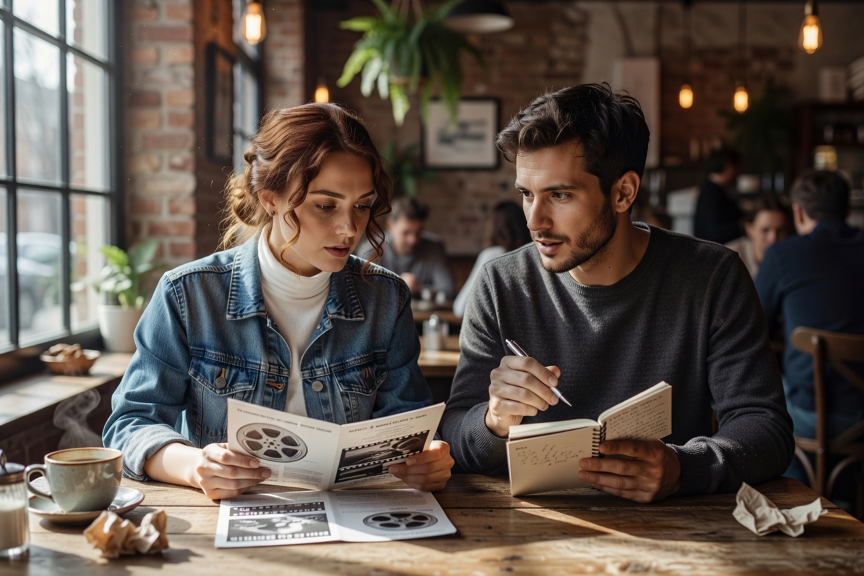 Two friends weighing film programme choices at a naturally lit café table