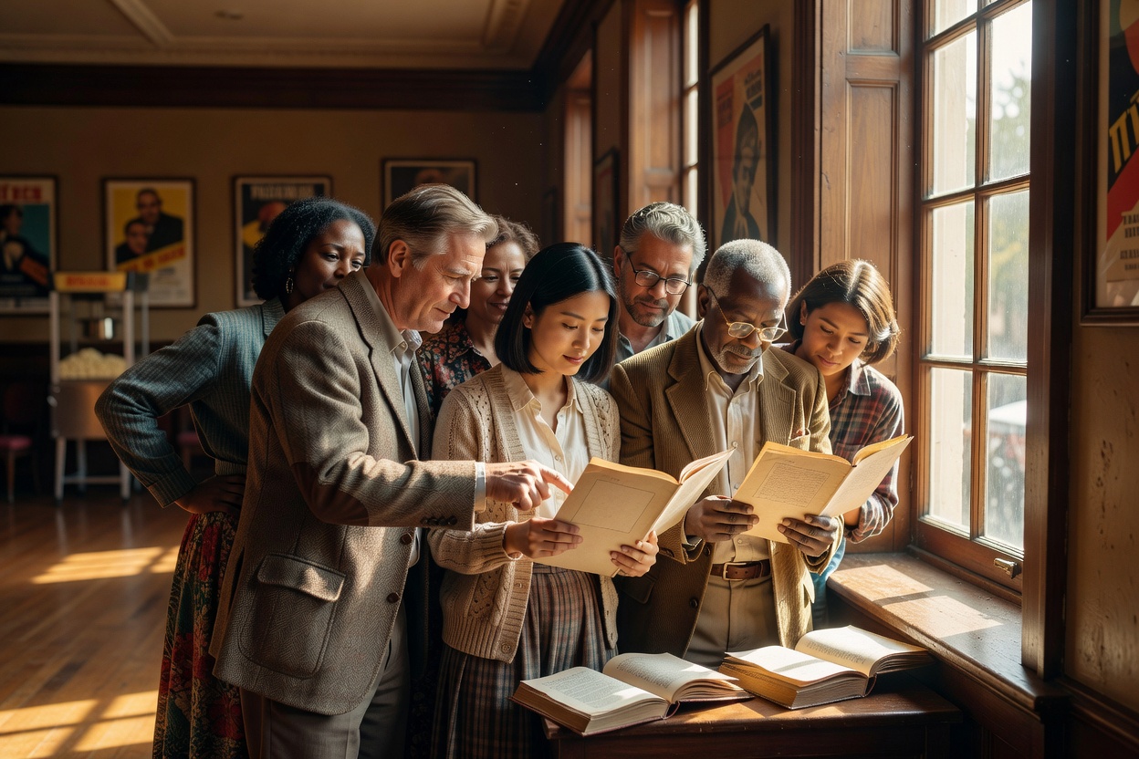 Cinema-goers browsing film programme notes together beside a sunlit window